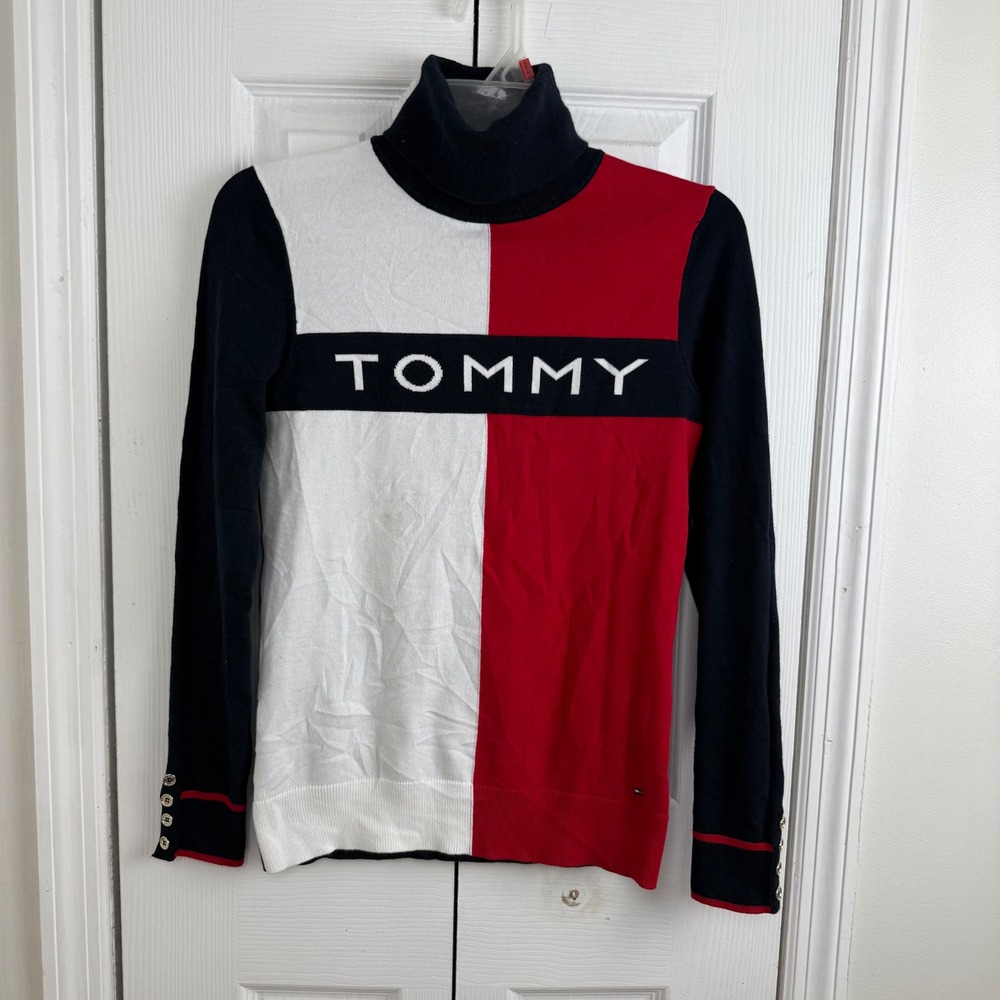 Tommy Hilfiger Colorblock Turtleneck Sweater Womens M Logo Y2K 90s